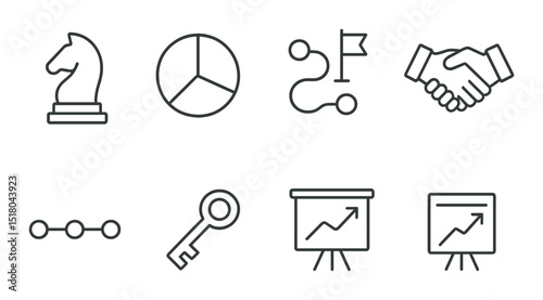 Strategy and analysis set. business linear icons. chess, chart, roadmap, handshake vector icons.