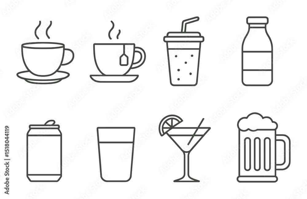 Beverage set. drink containers linear style. cup, mug, bottle, can, glass, cocktail vector icons.