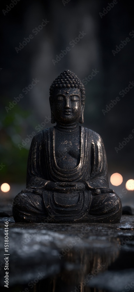 Fototapeta premium Bronze Buddha Statue Meditating in Serene Garden, Evoking Spirituality and Inner Peace for Mindfulness Campaigns and Cultural Heritage Projects : Generative AI