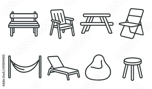 Outdoor furniture set. garden seating silhouette icons. bench, chair, hammock, table vector icons.