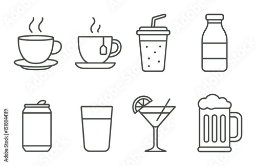 Beverage set. drink containers linear style. cup, mug, bottle, can, glass, cocktail vector icons.