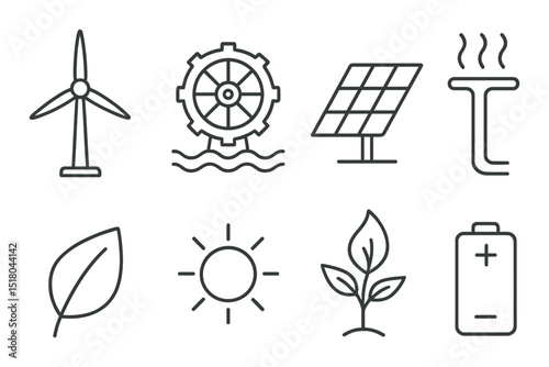 Renewable energy icon set. linear energy sources: wind, solar, leaf, battery vector icons.