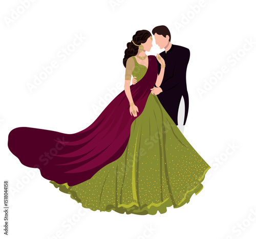 indian wedding couple illustration wearing green and maroon color traditional lehenga and kurta