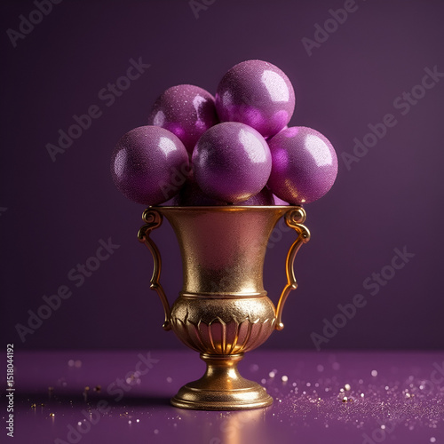A regal golden urn is overflowing with lustrous purple and gold ornamental spheres.

 photo