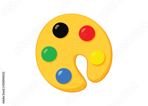Illustration of a flat yellow paint palette with five colored paint droplets isolated on white background