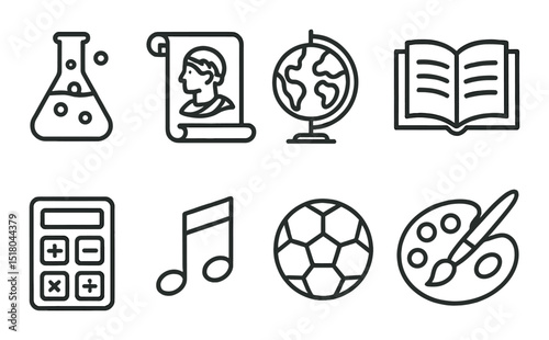 Education icon set in linear style. chemistry, history, globe, book, calculator, music, soccer, art vector icons.