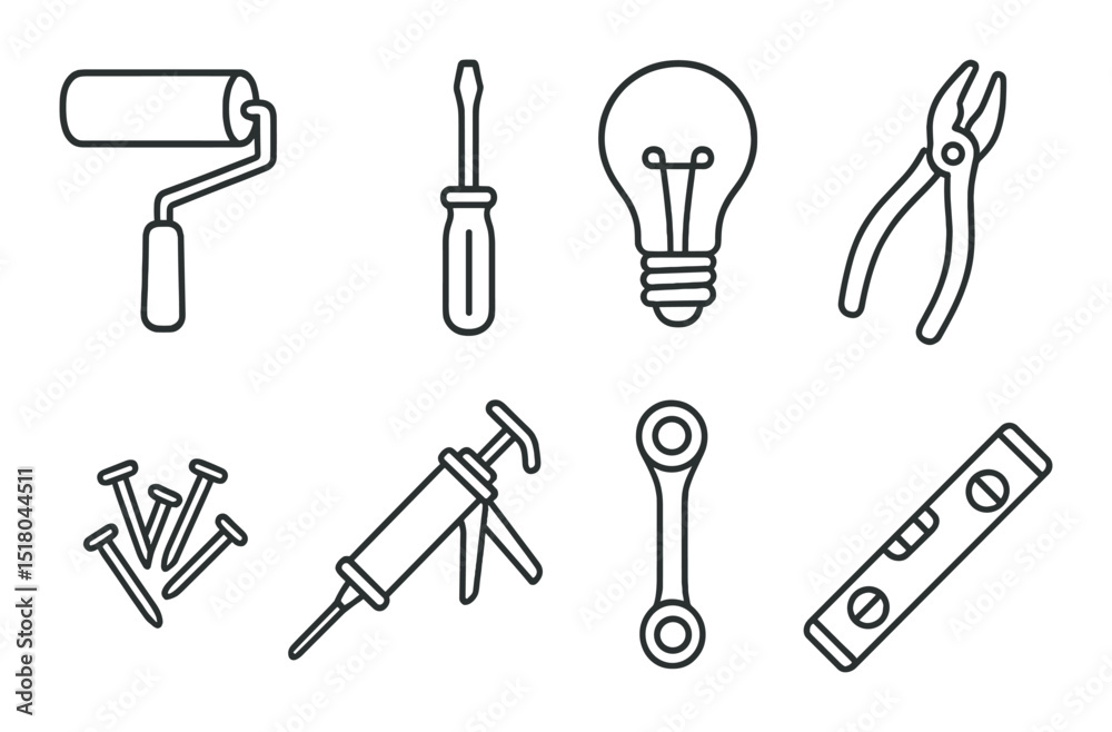 Tool set. home improvement linear tools. wrench, screwdriver, bulb, roller vector icons. Tool set. home improvement linear tools. wrench, screwdriver, bulb, roller vector icons.