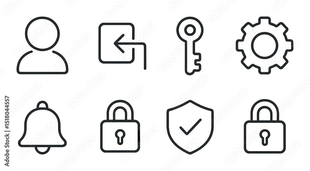 Security icon set: access, lock, gear, key, alert flat vector icons for ui design
