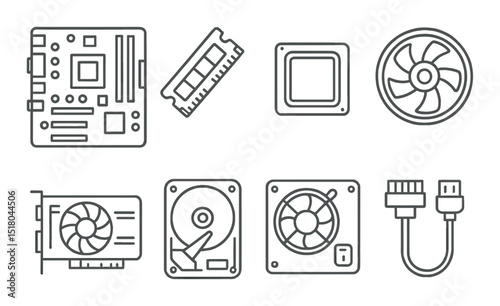 Computer hardware set. electronic components linear motherboard, ram, cpu, fan vector icons.