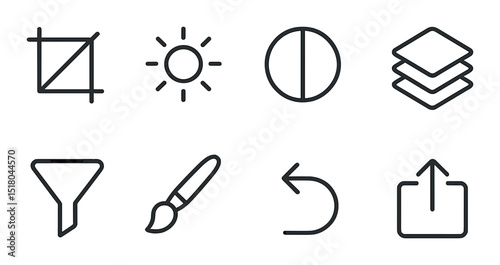 Editing tool set. photo editing silhouette tools. crop, sun, contrast, layers, filter vector icons.