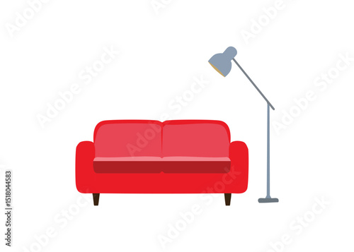 Simple illustration of a red sofa with a grey floor lamp in a modern minimalist living room design