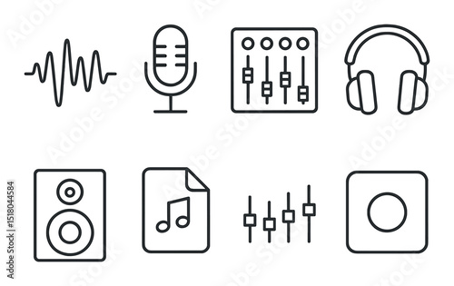 Music equipment set. audio devices linear icons. microphone, headphones, speaker vector icons.