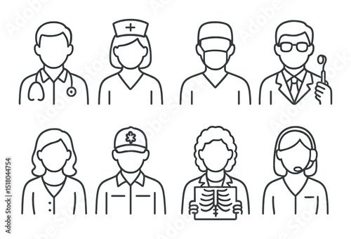Medical professional set. healthcare linear doctors, nurse, surgeon, radiologist vector icons.