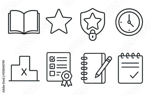 Education and achievement icon set. book, star, clock, task, linear, award vector icons.