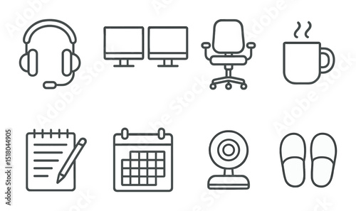 Office equipment set. workspace essentials linear icons. headphones, monitor, mug, chair vector icons.