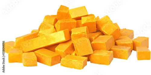 Pile of cheddar cheese cubes isolated on black background, dairy product photo