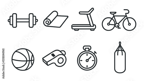 Fitness equipment set. workout gear silhouette icons: dumbbell, mat, treadmill, bike vector icons.