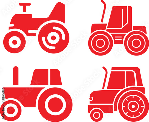 Agriculture farm tractor red flat icons set. Construction vehicle silhouette signs. Elements suitable for any business related to farm industries. Vectors representing farming and rural life.