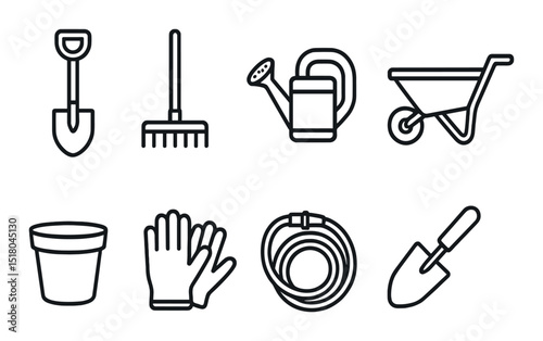 Gardening tool set. flat garden equipment icons: shovel, rake, watering can, wheelbarrow, gloves vector icons.
