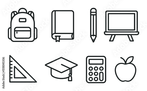 Education icon set. school and learning silhouette icons: backpack, book, pencil, laptop, vector icons