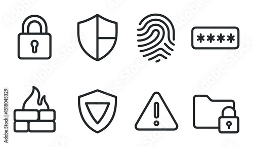 Security icon set. cyber protection silhouette icons. lock, shield, fingerprint, password vector icons.