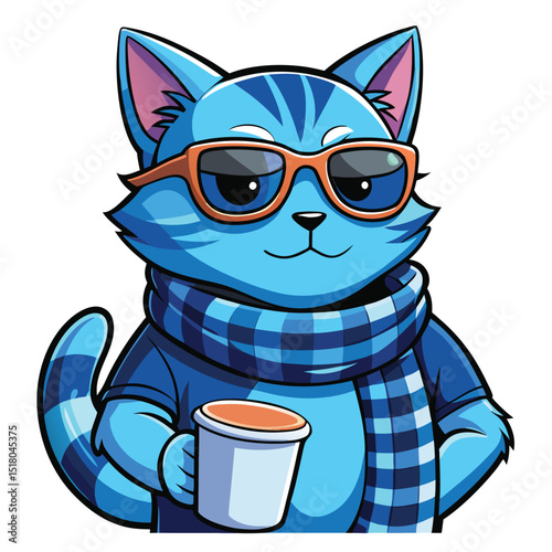 Blue Cartoon Cat Wearing Scarf and Sunglasses Holding White Coffee Mug Illustration