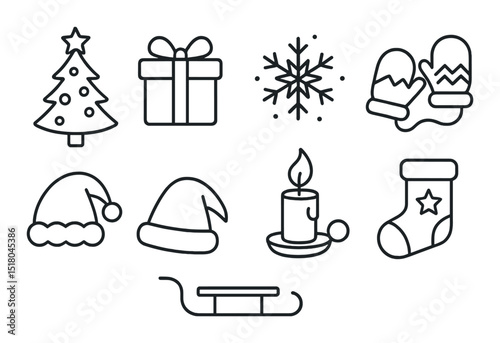 Christmas icon set. holiday celebration flat icons: tree, gift, snowflake, candle vector icons