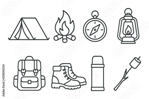 Camping equipment set. outdoor adventure linear camping symbols: tent, fire, backpack, lantern, compass, boots, thermos, marshmallow vector icons.