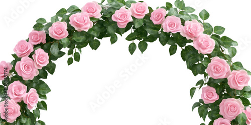 Fototapeta Naklejka Na Ścianę i Meble -  Elegant arched frame of pink roses and vibrant green leaves on a black background