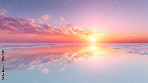 Serene sunset over calm water, with vibrant colors reflecting on the surface, creating a tranquil atmosphere and captivating visual experience. Selective focus