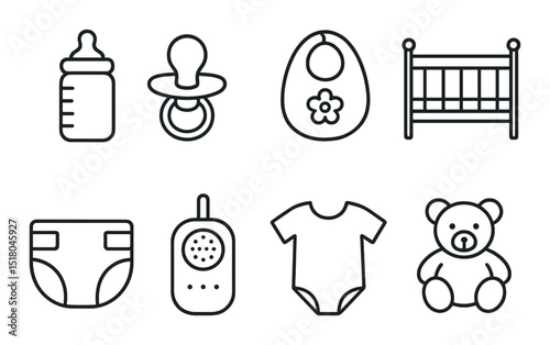 Baby essentials set. linear icons: bottle, pacifier, bib, crib, diaper, monitor, onesie, bear vector icons.