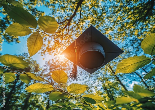 Graduation cap aloft in forest canopy