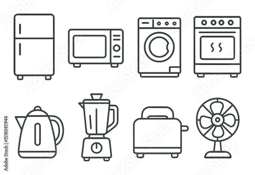 Appliance set. kitchen and home silhouette appliances. fridge, microwave, washer, oven vector icons.