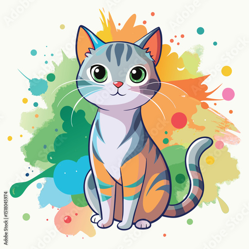 Cartoon Cat Illustration with Colorful Splashes and Dots on White Background Image