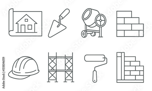Construction tools set. building equipment linear: blueprint, trowel, mixer, brick vector icons