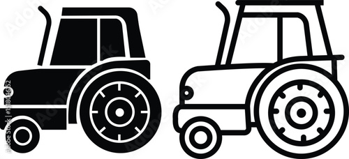 Agriculture farm tractor black flat, outline icon set. Construction vehicle silhouette sign. Elements suitable for any business related to farm industries. Vectors representing farming and rural life.