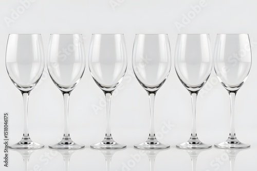Elegant Wine Glass Array: A collection of six pristine, transparent wine glasses elegantly arranged, each one gleaming with the promise of a delightful experience.