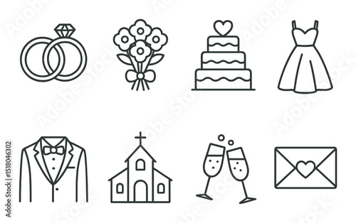 Wedding set. romantic celebration silhouette icons. rings, cake, dress, bouquet vector icons.