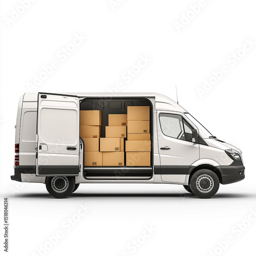 White delivery van with open doors loaded with cardboard boxes ready for transportation and shipping against a pure white background