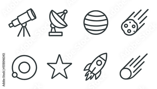 Space exploration set. astronomy flat telescope, satellite, planet, meteor, rocket vector icons.