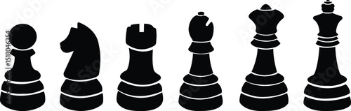 Chess piece flat icon set. Smart board game elements perfect for game enthusiasts and designer. Chessmen, queen, king, horse, rook, bishop, pawn vectors. Part of a chessboard game for hobbies, sports.