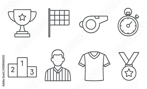 Sports icon set. game and competition silhouette icons. trophy, flag, whistle, medal vector icons.