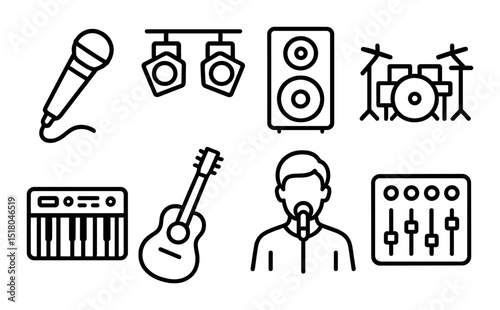 Music instrument set. linear audio gear: microphone, guitar, drums, keyboard vector icons.