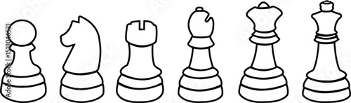 Chess piece outline icon set. Smart board game elements perfect for game enthusiasts, designer. Chessmen, queen, king, horse, rook, bishop, pawn vectors. Part of a chessboard game for hobbies, sports.