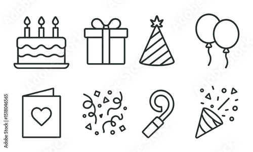 Celebration icon set. party, balloon, gift, cake, hat, confetti, card silhouette vector icons.