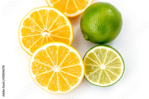 Fresh lemon lime citrus fruit slices halves whole on white background healthy food diet
