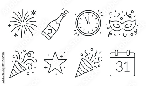 Celebration icon set: linear style. fireworks, clock, mask, champagne, calendar vector icons.