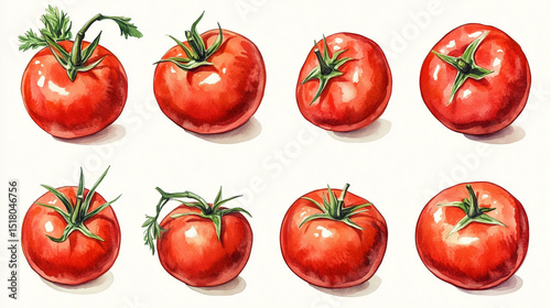 Artistic watercolor illustrations of different vegetables such as tomato, great for menu and recipe design purposes.

