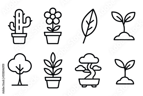 Plant set. decorative silhouette potted plants. cactus, flower, leaf, tree vector icons.