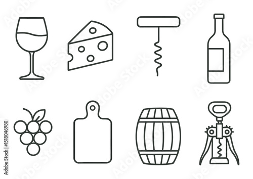 Wine cheese set. gourmet drink flat icons. glass, cheese, corkscrew, bottle, grape vector icons.